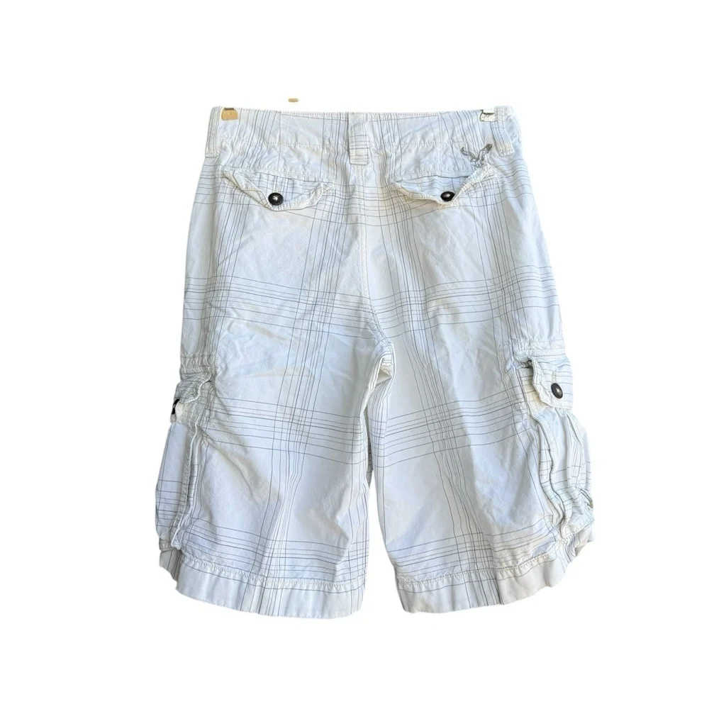AMERICAN EAGLE OUTFITTERS Plaid Cargo Shorts Mens 28 Off White Multiple Pockets